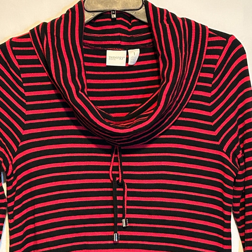 Chicos Zenergy Red Cowl Neck Sweater Striped Long Sleeve Tunic Size 8 Medium - Picture 5 of 9